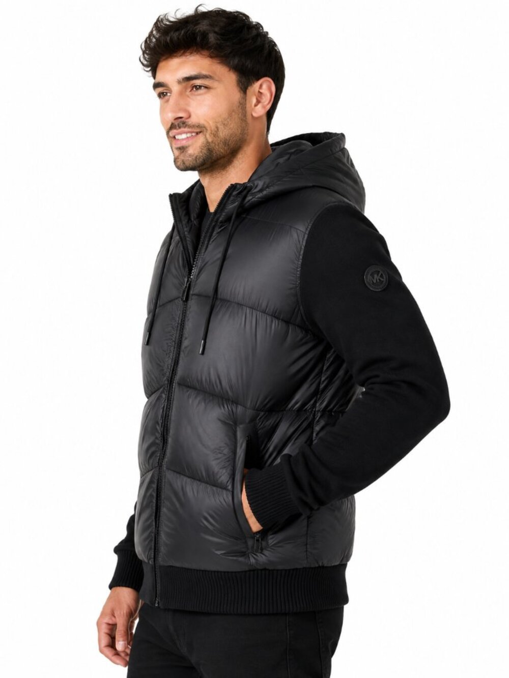 Michael Kors Men’s M Black Mixed Media Hooded Puffer Full Zip Jacket